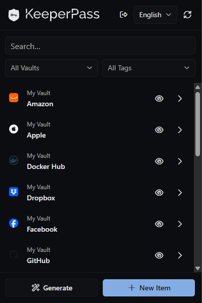 KeeperPass browser extension popup
