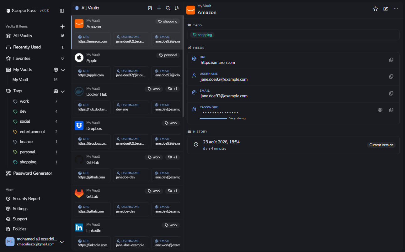 KeeperPass web app showing the vault item list